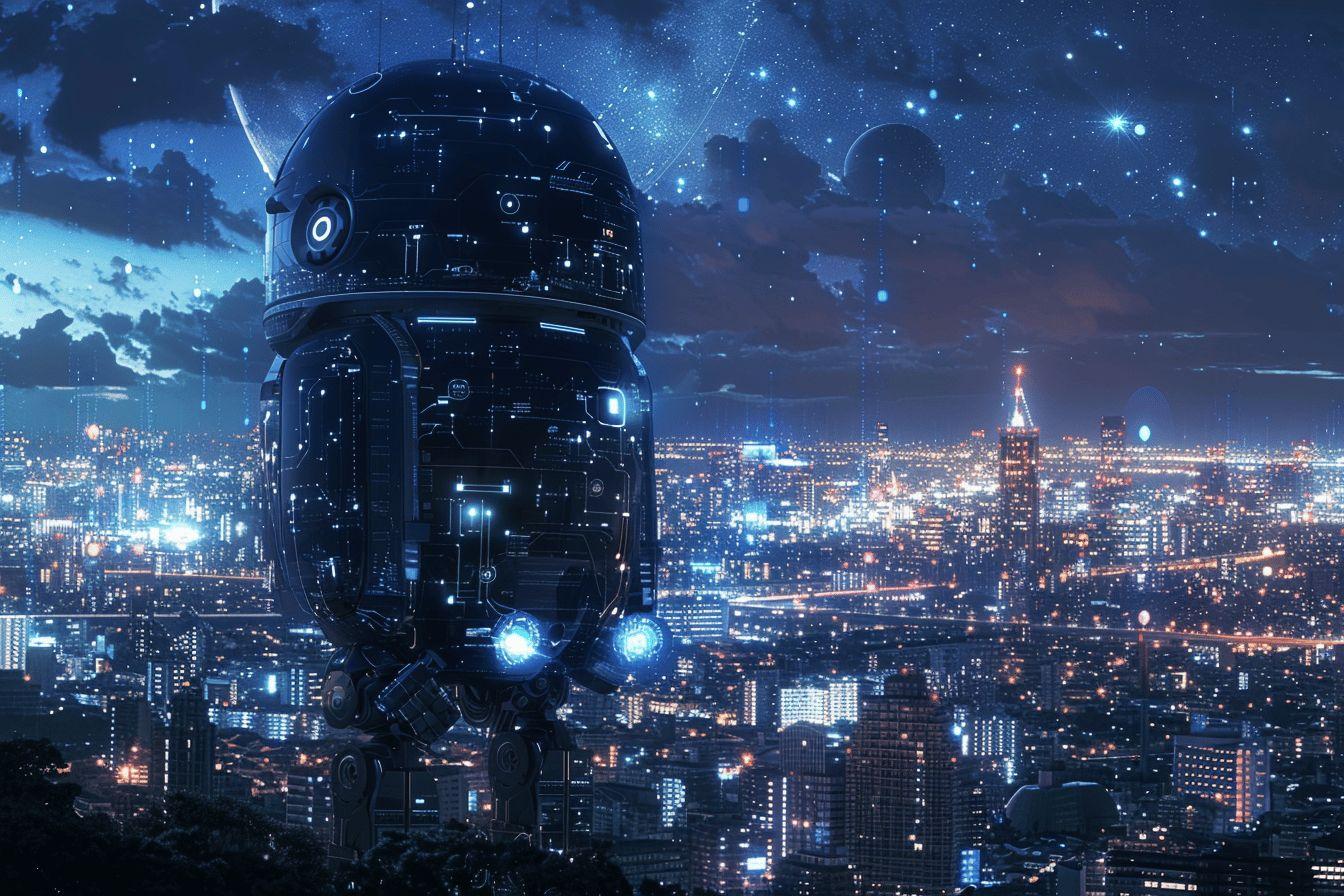 Robot cybernétique géant surplombant une ville illuminée de nuit