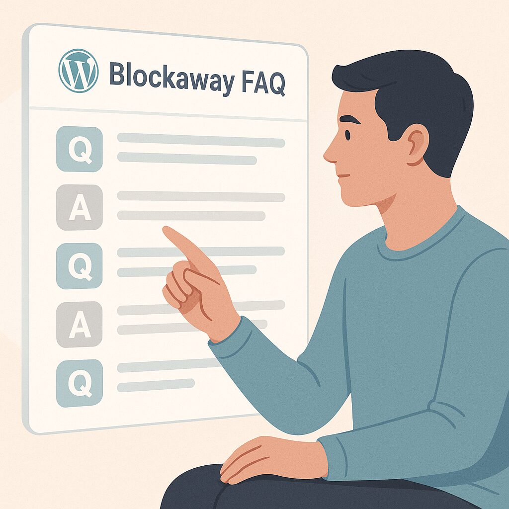 Illustration d’un utilisateur interagissant avec l’interface Blockaway pour poser des questions