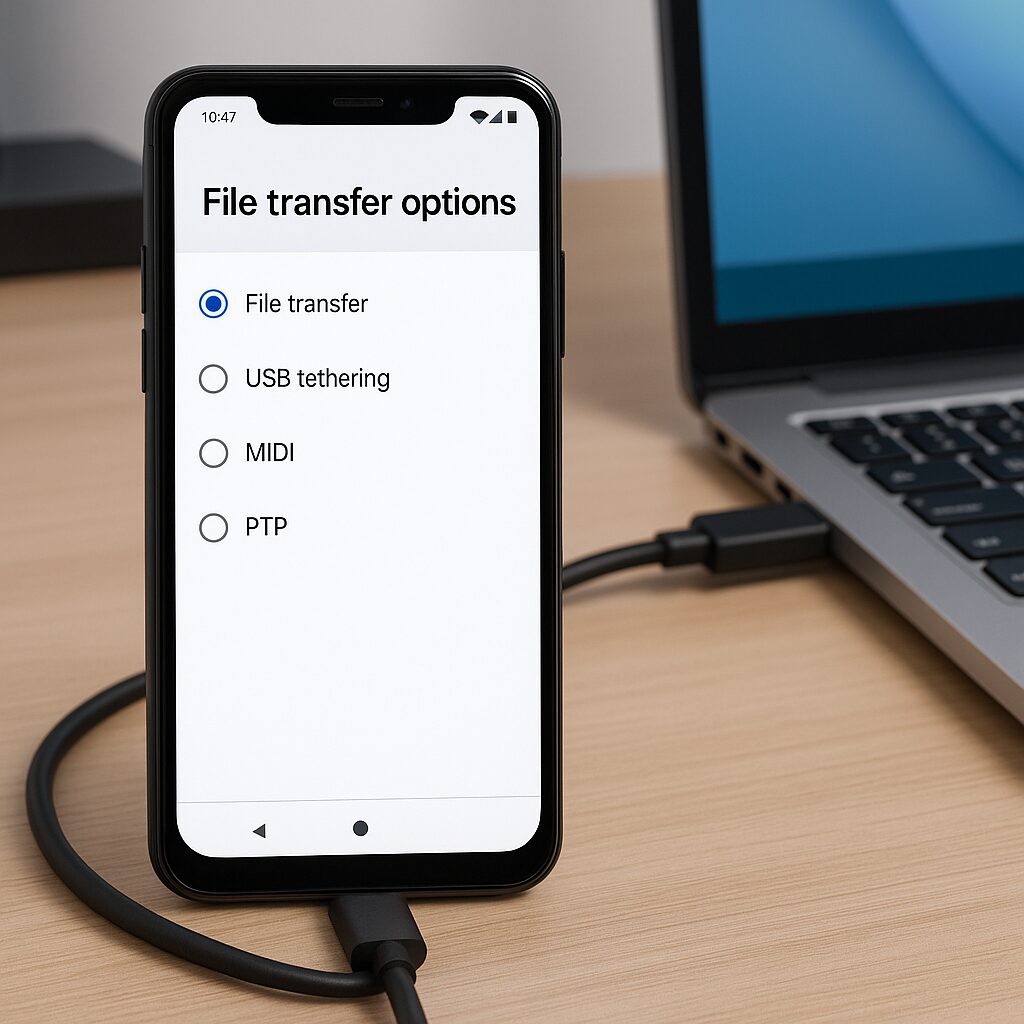 Écran montrant le menu de transfert de fichiers sur un smartphone Android connecté en USB à un PC