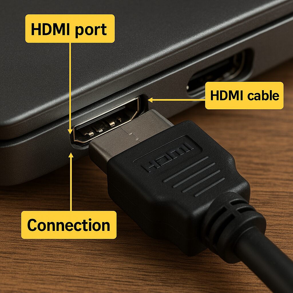 Prise HDMI d’un ordinateur portable et câble mis en évidence