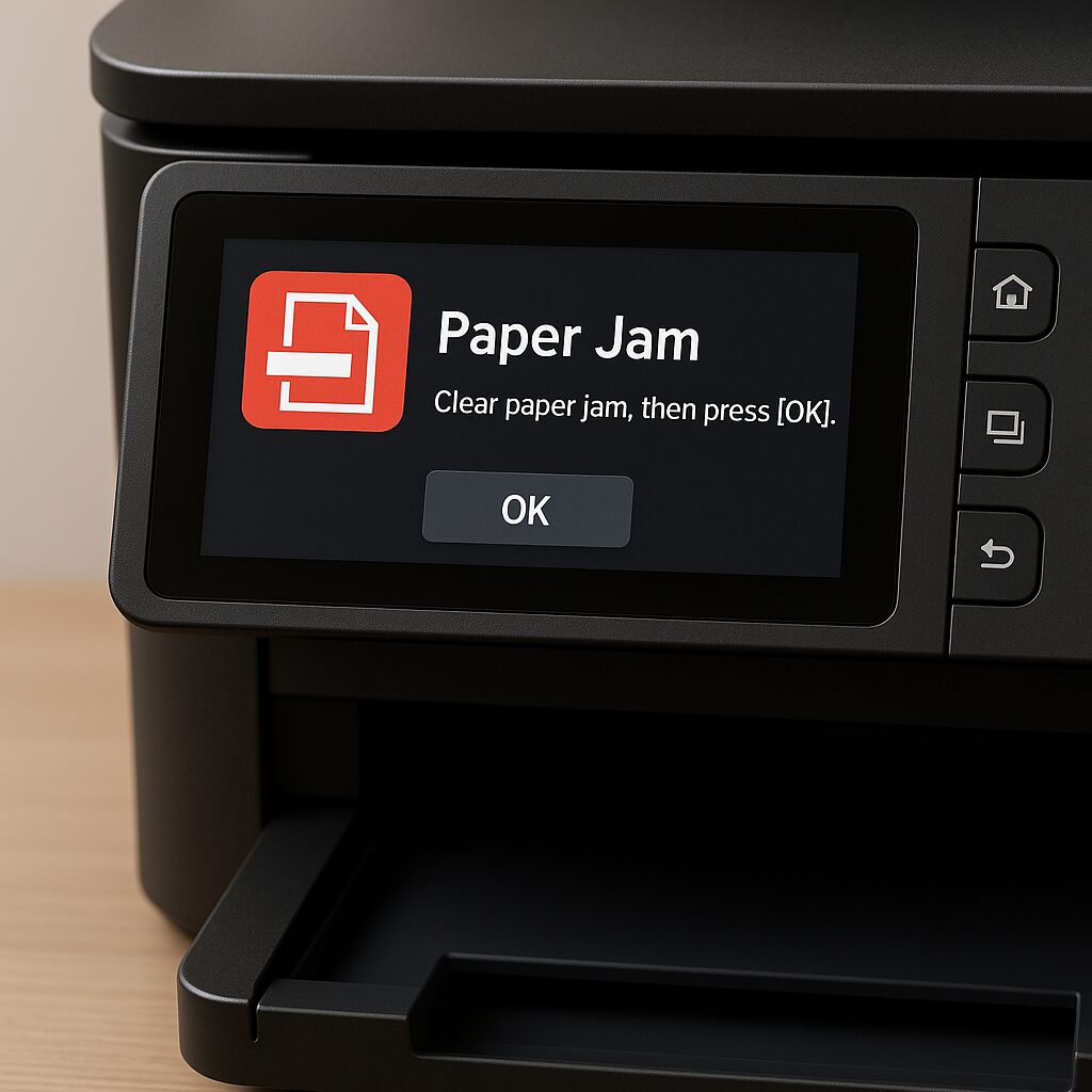 Écran d’imprimante affichant une alerte de bourrage papier sans papier coincé
