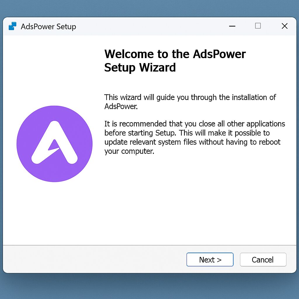 Interface d'installation d'Adspower