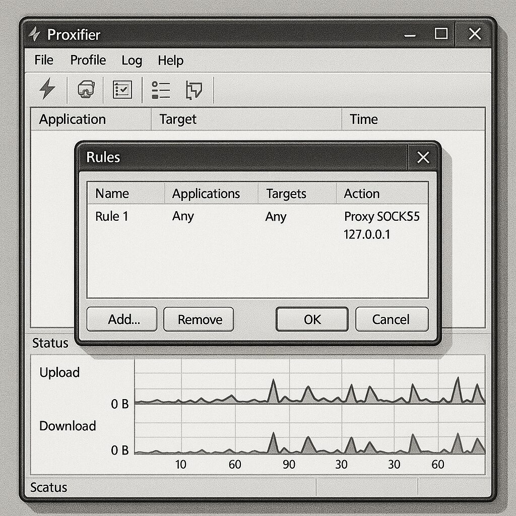 Interface de configuration de Proxifier sous Windows montrant les règles de proxy