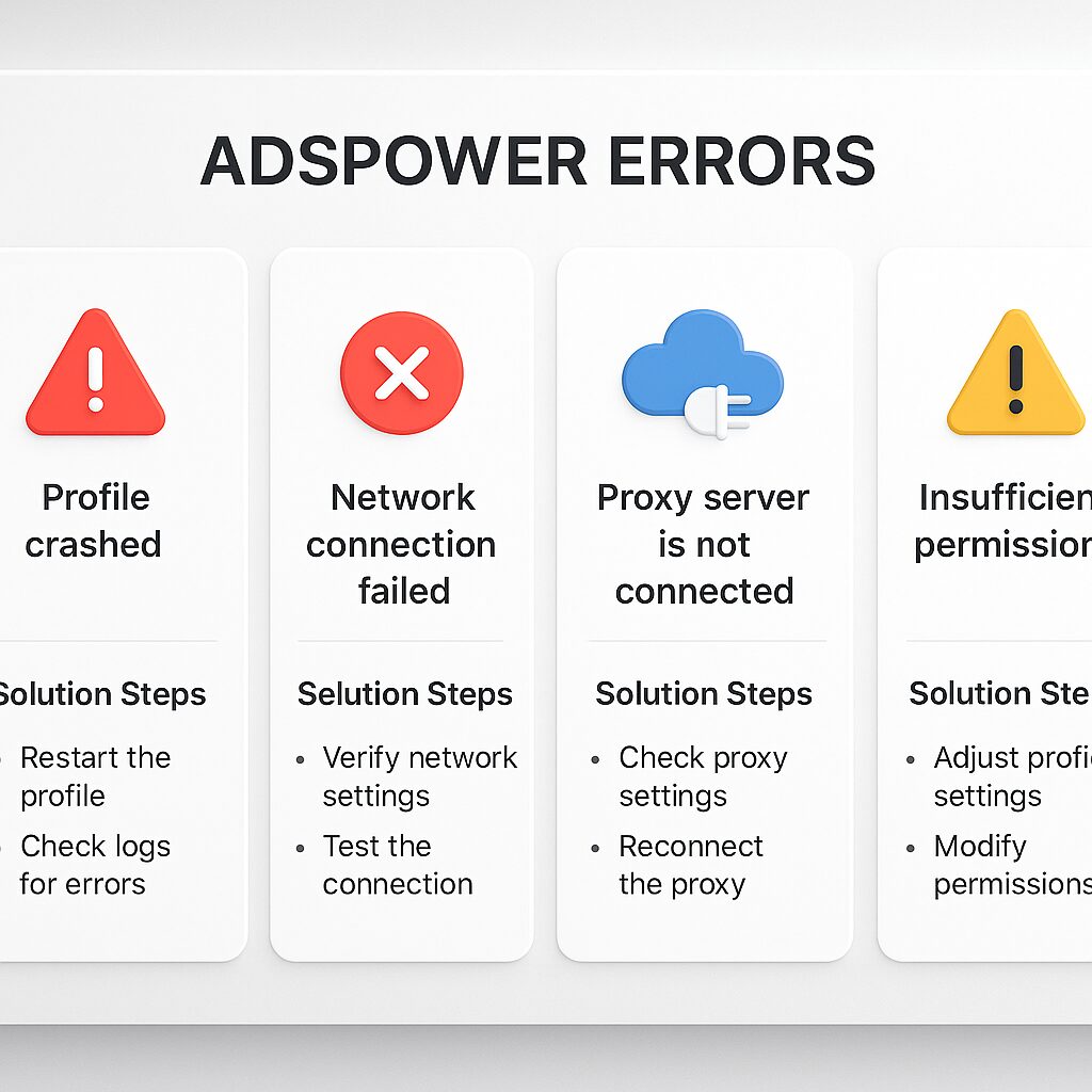 Interface graphique montrant les erreurs courantes sur Adspower et comment les résoudre