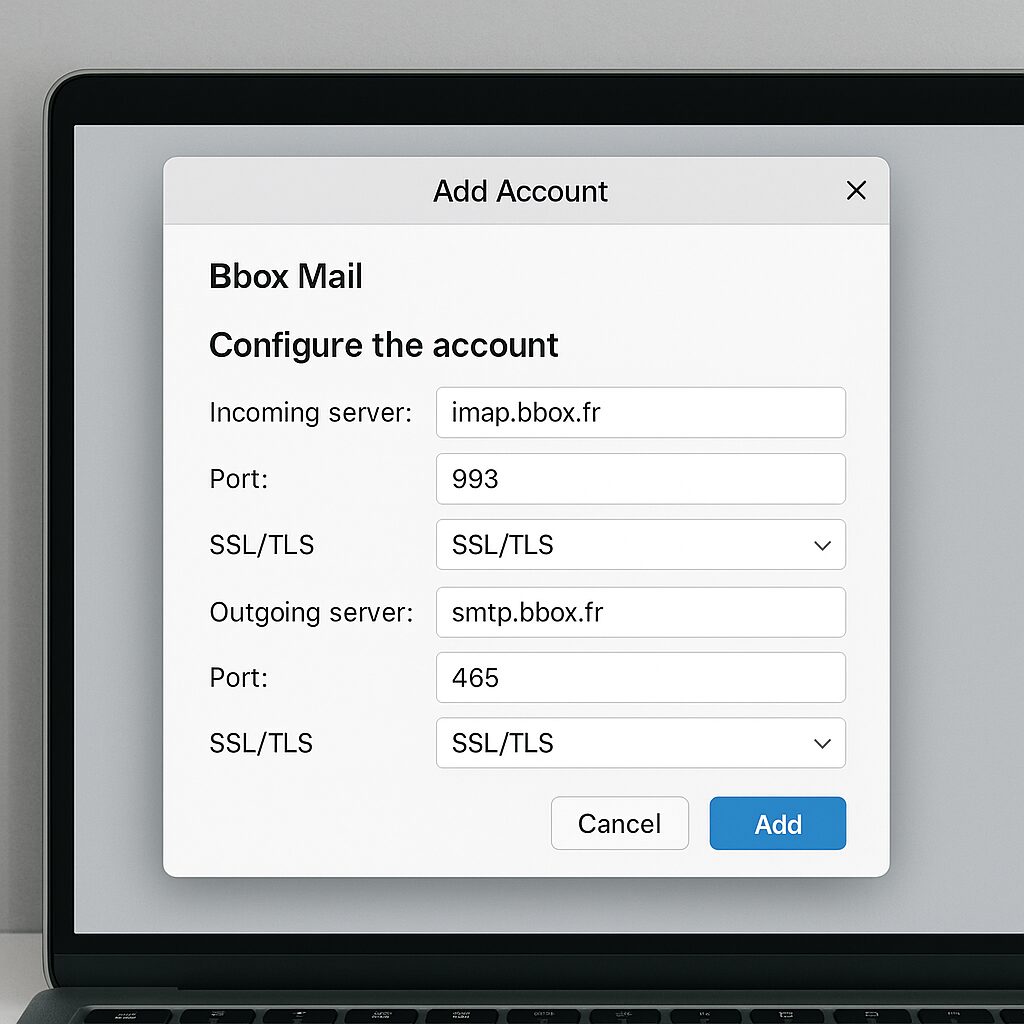 Capture d’écran de la configuration Bbox Mail sur un client de messagerie