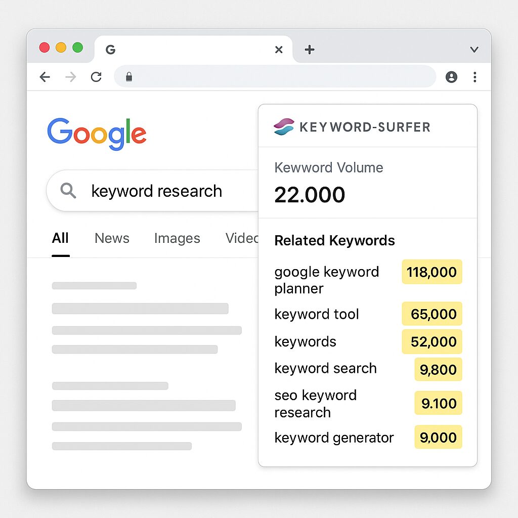 Interface de Keyword Surfer sur Google Chrome