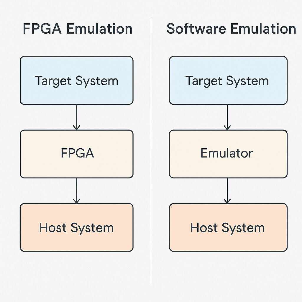 Schéma comparatif de l’architecture d’émulation FPGA et logicielle