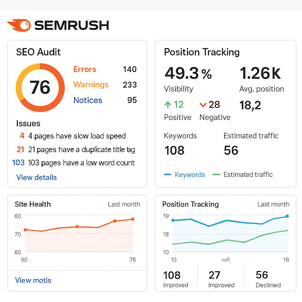 Capture d’écran du tableau de bord SEMrush