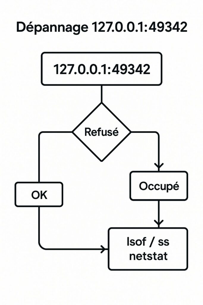 Dépannage 127.0.0.1:49342 : connection refused / address already in use — commandes lsof, ss, netstat