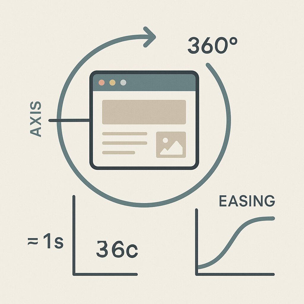 Schéma expliquant la rotation à 360° appliquée à la page : axe, durée, easing