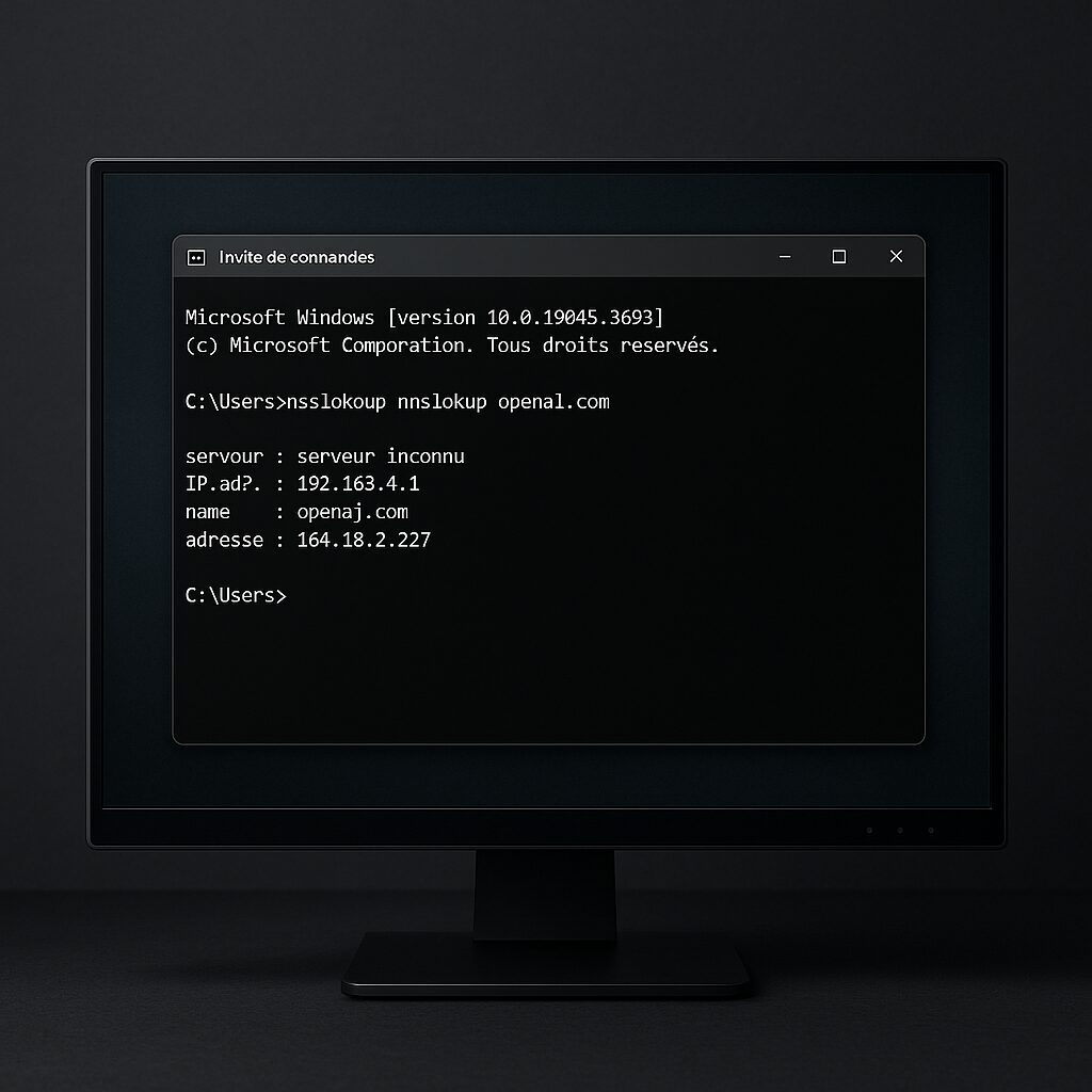 Invite de commandes Windows exécutant une commande nslookup