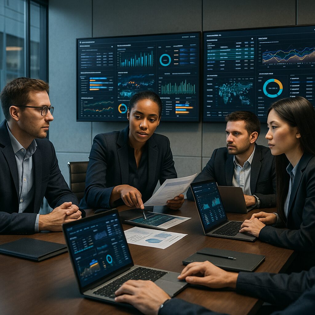 Équipe d'une agence data analysant des tableaux de bord