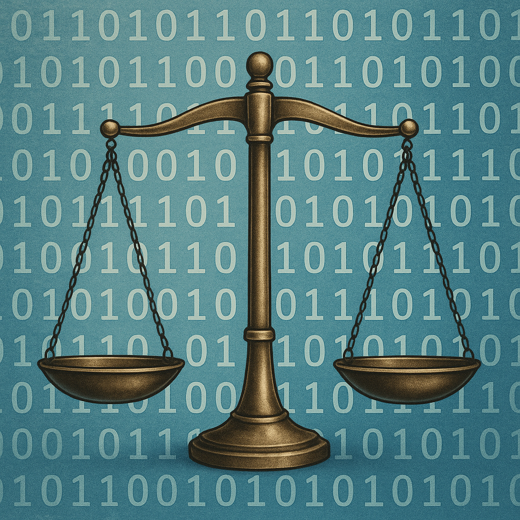Illustration équilibrant code binaire et balance pour symboliser l’éthique algorithmique