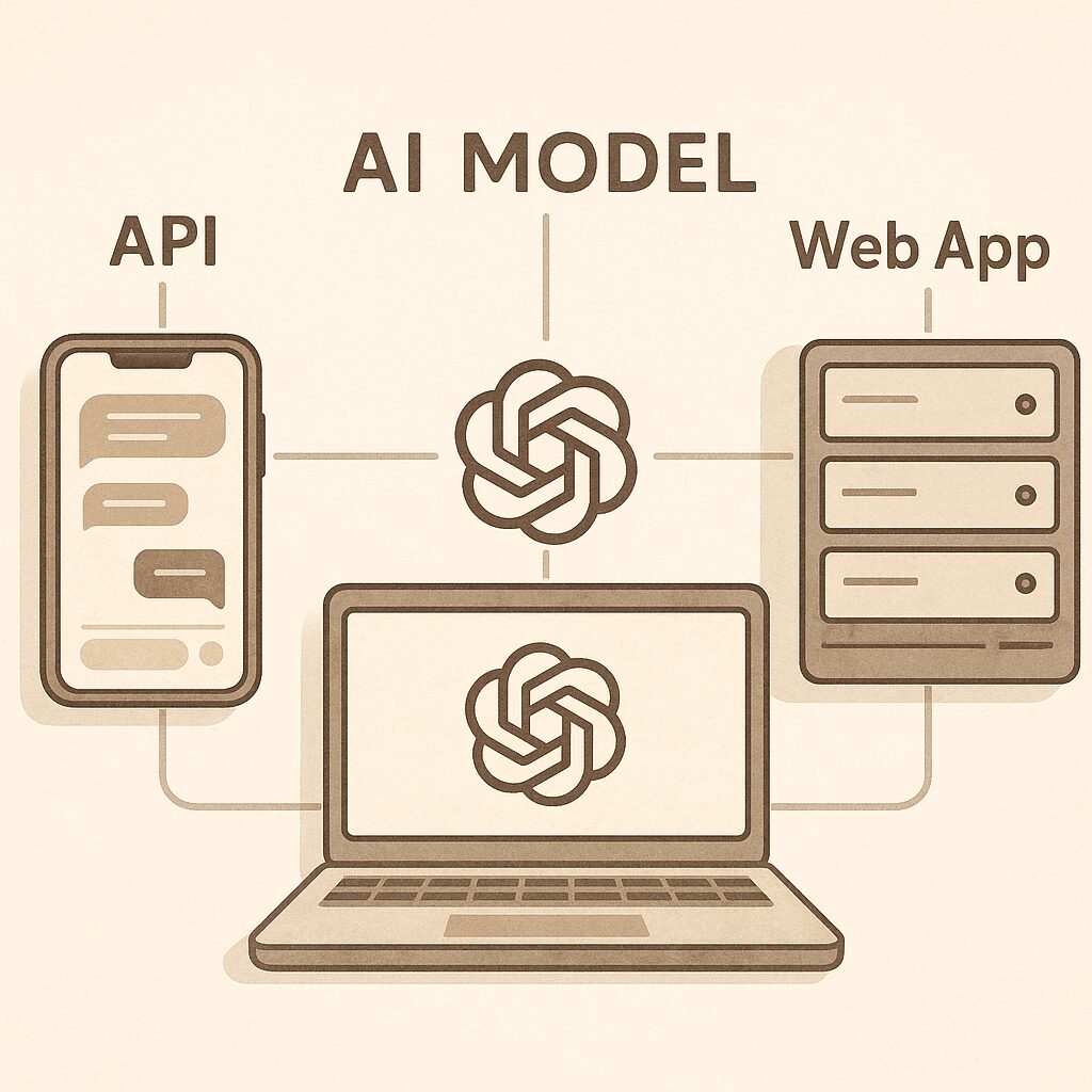 Illustration montrant différents canaux d'accès à GPT-5 : API, application et cloud d'entreprise