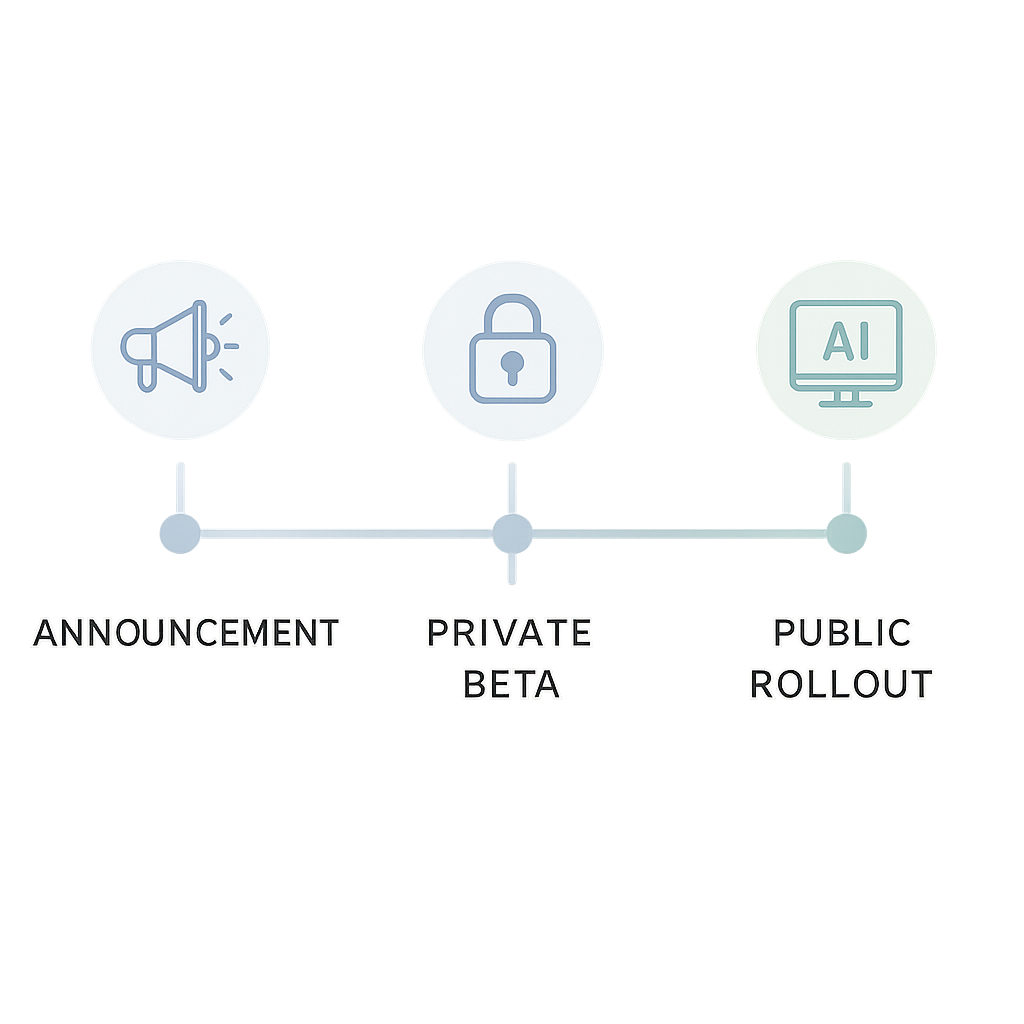 Frise chronologique simple du lancement de GPT-5 montrant annonce, bêta privée et disponibilité publique