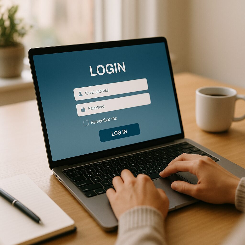 Utilisateur devant un écran affichant une page de connexion pour le portail Orange