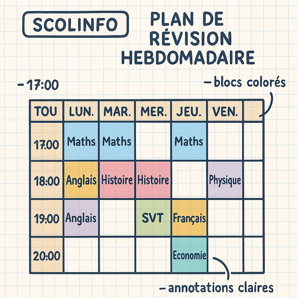 Exemple de plan de révision hebdomadaire sur Scolinfo