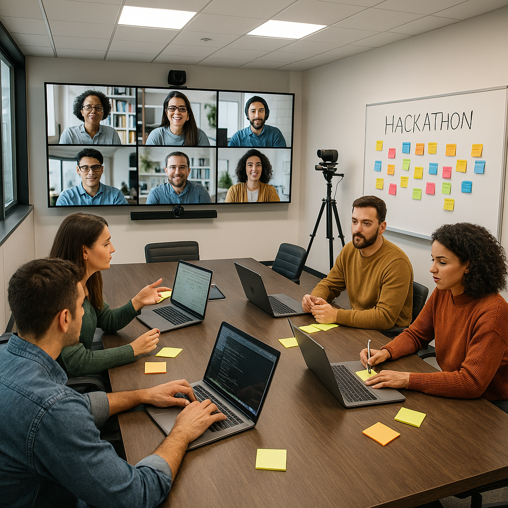 Vue d'une salle de hackathon hybride avec écrans et participants