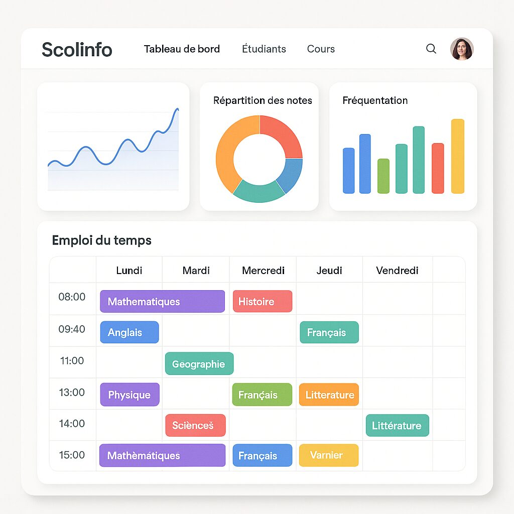 Capture d'écran du tableau de bord Scolinfo avec répartition des tâches