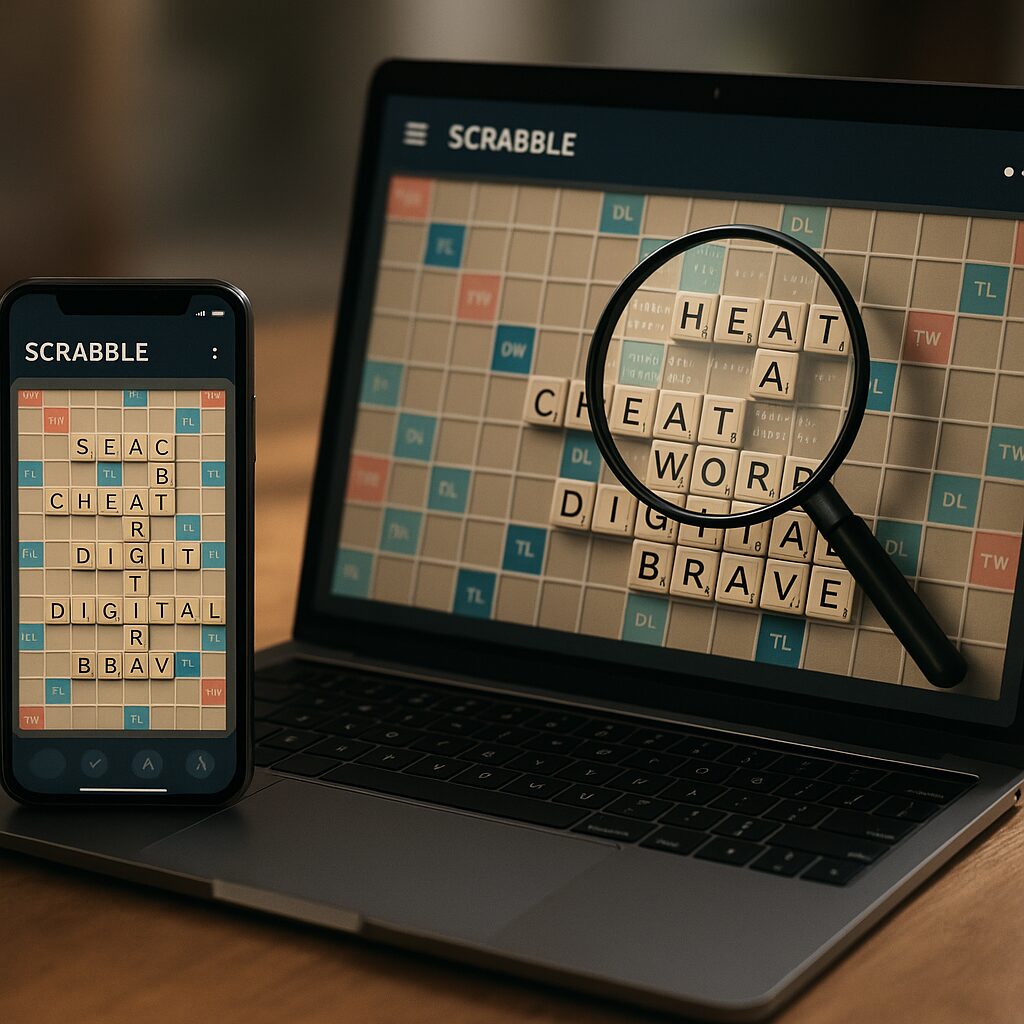 Plateau de Scrabble numérique avec loupe et lignes de code suggérant détection de bots