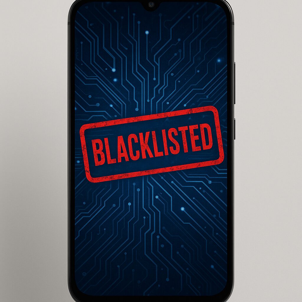 Écran de smartphone affichant un tampon 'BLACKLISTED'