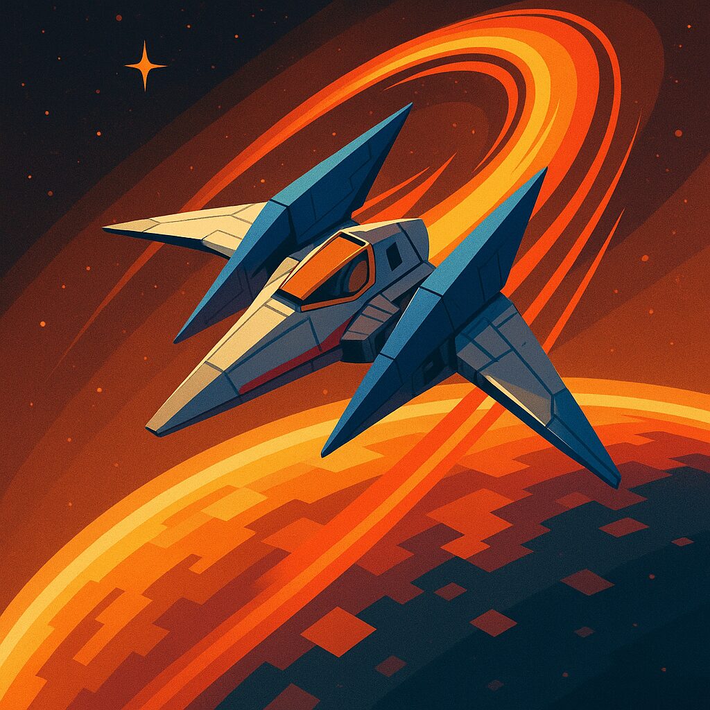 Hommage visuel à l'origine 'barrel roll' dans Star Fox, style rétro et dynamique