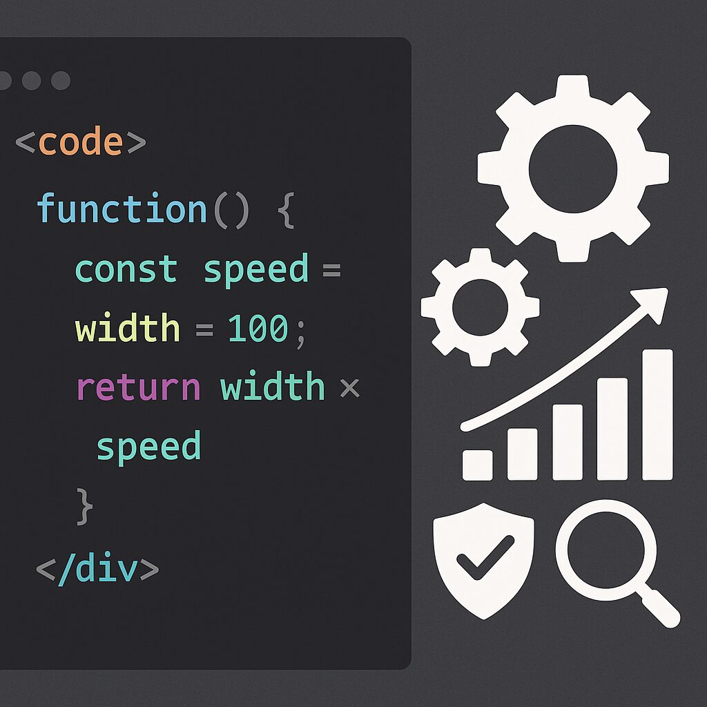 Code source avec icônes d'engrenages symbolisant l'optimisation technique