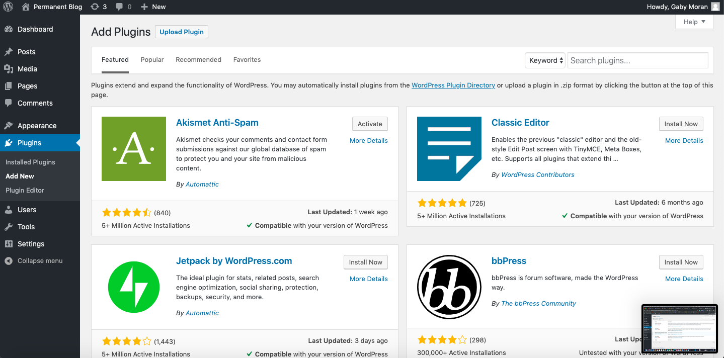 Capture d’écran WordPress : catalogue des extensions WordPress