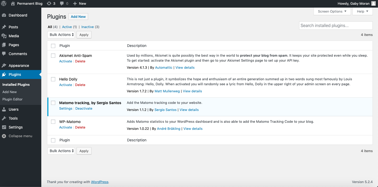 Capture d’écran WordPress : liste des plugins installés