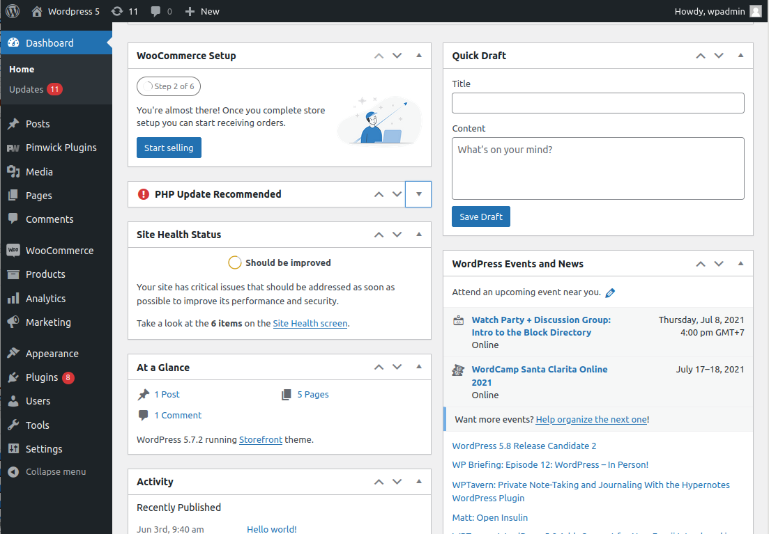 Capture d’écran WordPress 5.7 tableau de bord